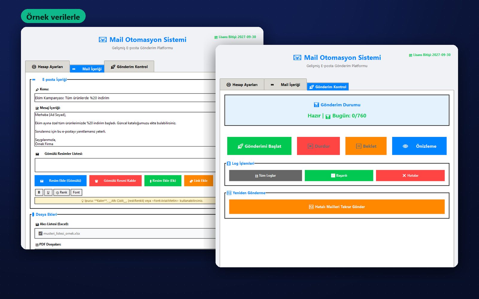 Mail Otomasyon Programı'nın örnek verilerle ana ekranı
